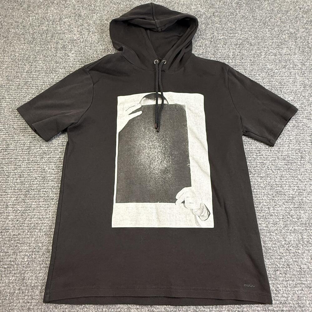 Hugo Boss Hoodie Shirt Mens XL Black Graphic Short Sleeve Heavyweight Cotton